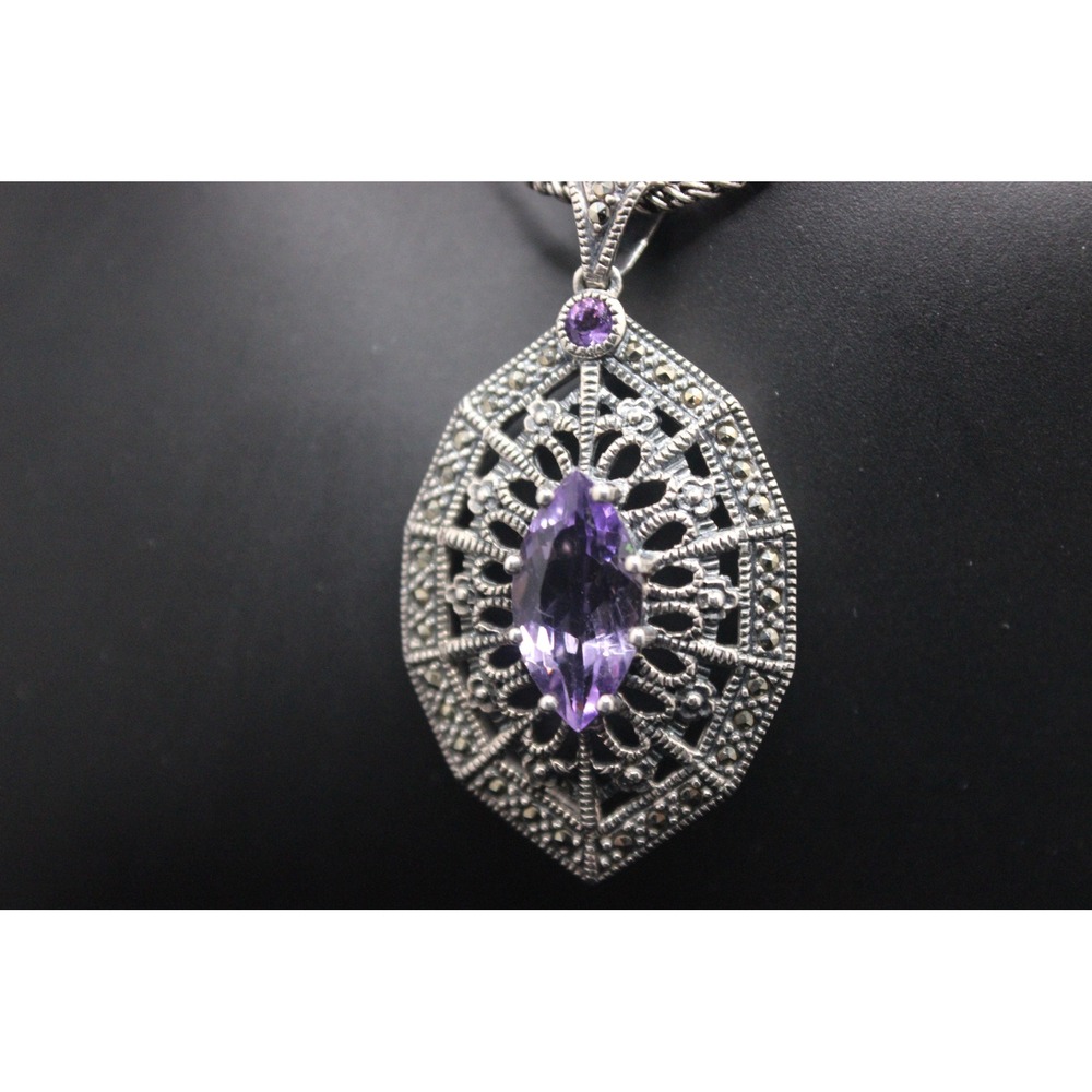 925 Silver Violet Gemstone & Marcasite Filigree Pendant Rope Chain Necklace